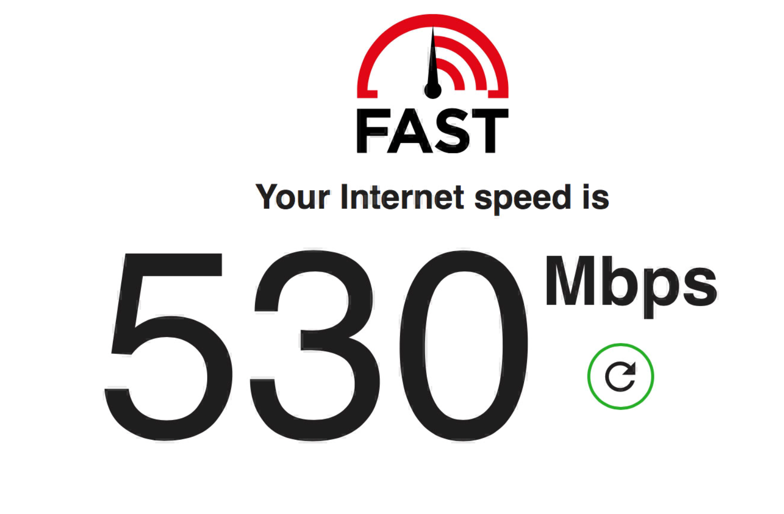 Screenshot of fast.com speediest showing 530Mb