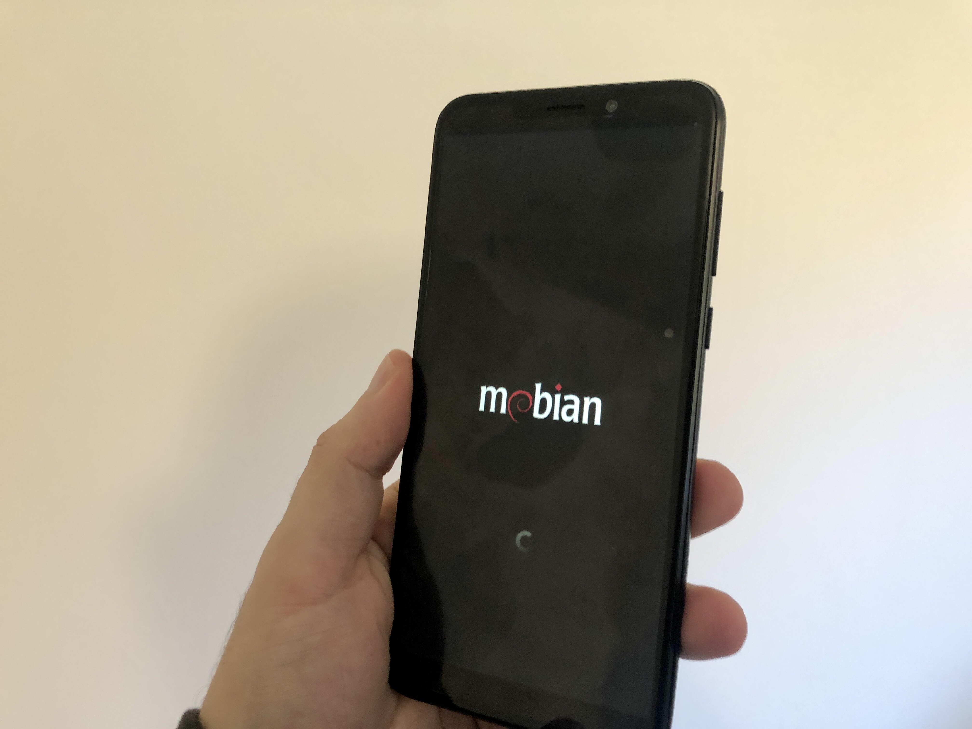 Photo of PinePhone with Mobian load screen