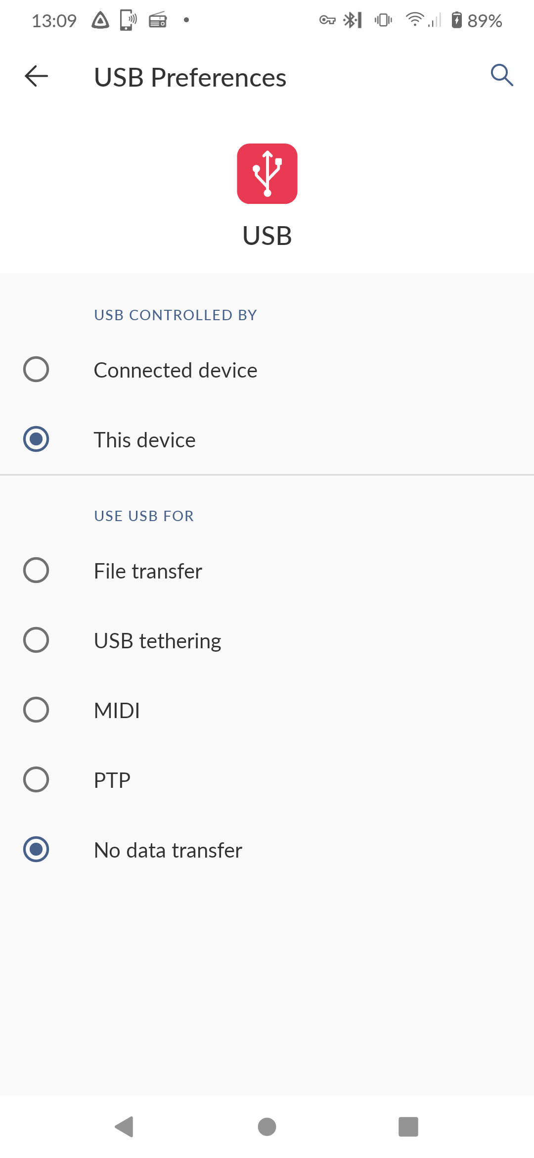 Screenshot of USB settings in Android