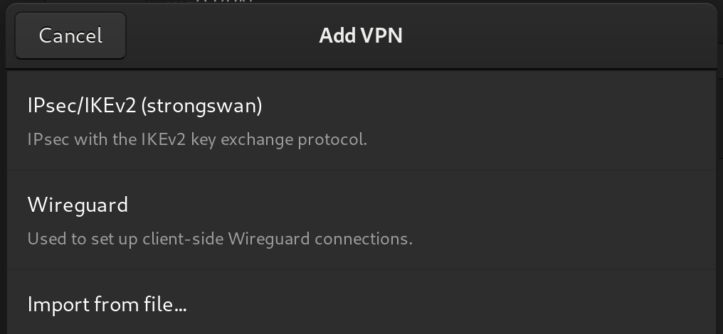 screenshot of GNOME / NetworkManager showing the WireGuard plugin