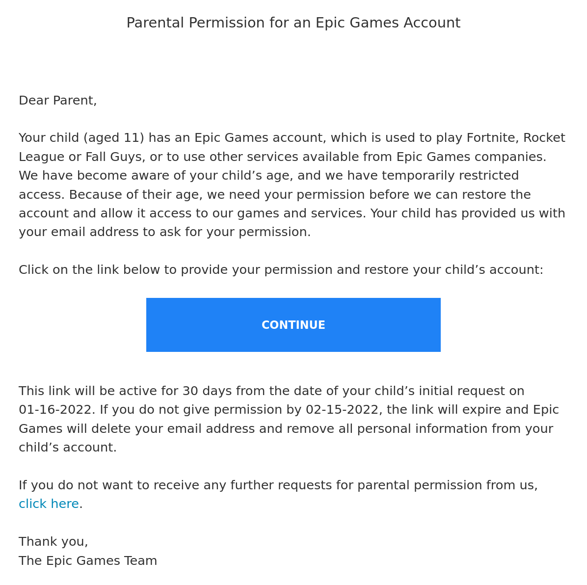 Screenshot of an email purportedly from Epic, about age verification. Key text is in the blogpost