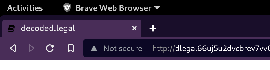 Brave browser in Tor mode, showing a .onion service as &ldquo;not secure&rdquo;