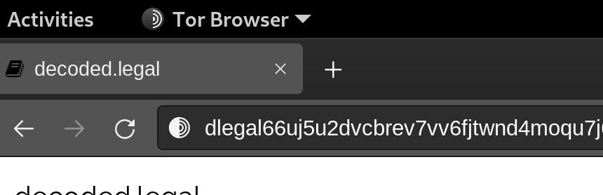 Tor Browser showing a .onion service, with an onion icon next to the URL