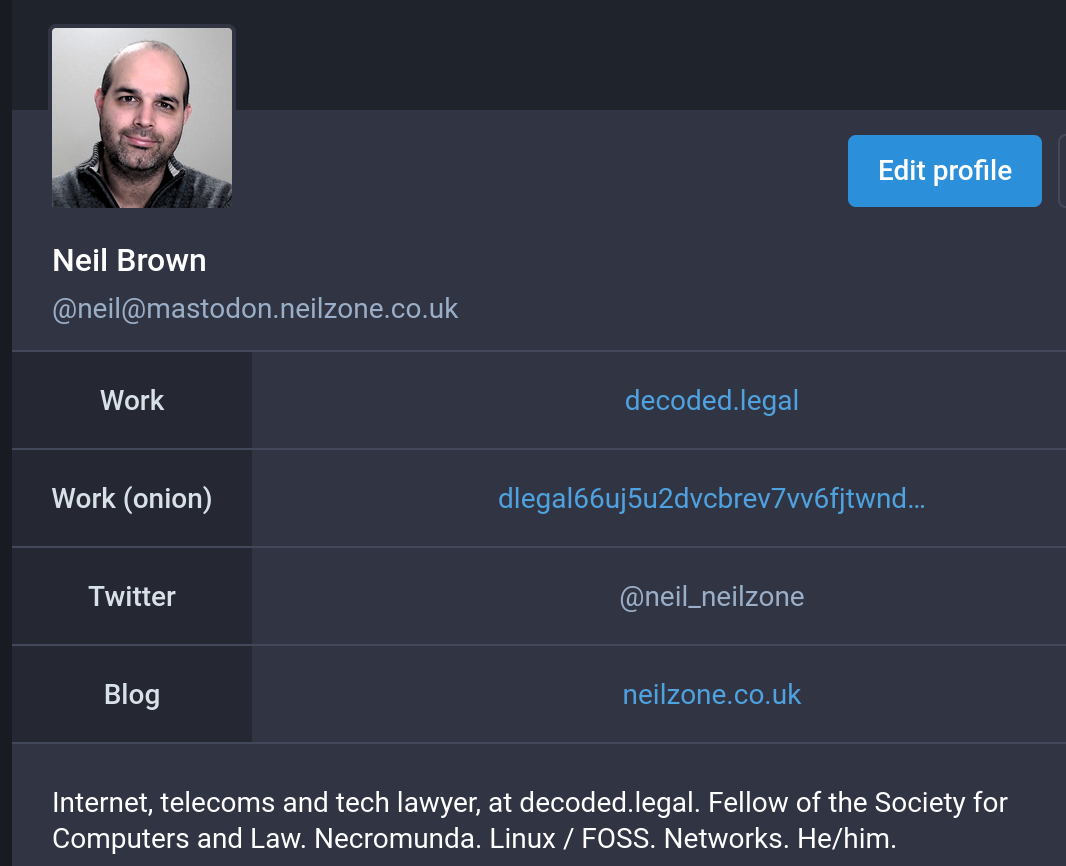 Screenshot of my Mastodon user profile, showing my photo, some URLs, and a short bio