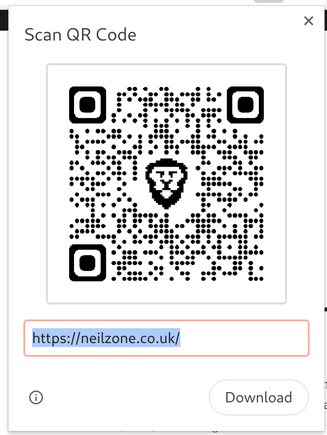 Screenshot of a QR code generated within Brave, showing the code for neilzone.co.uk