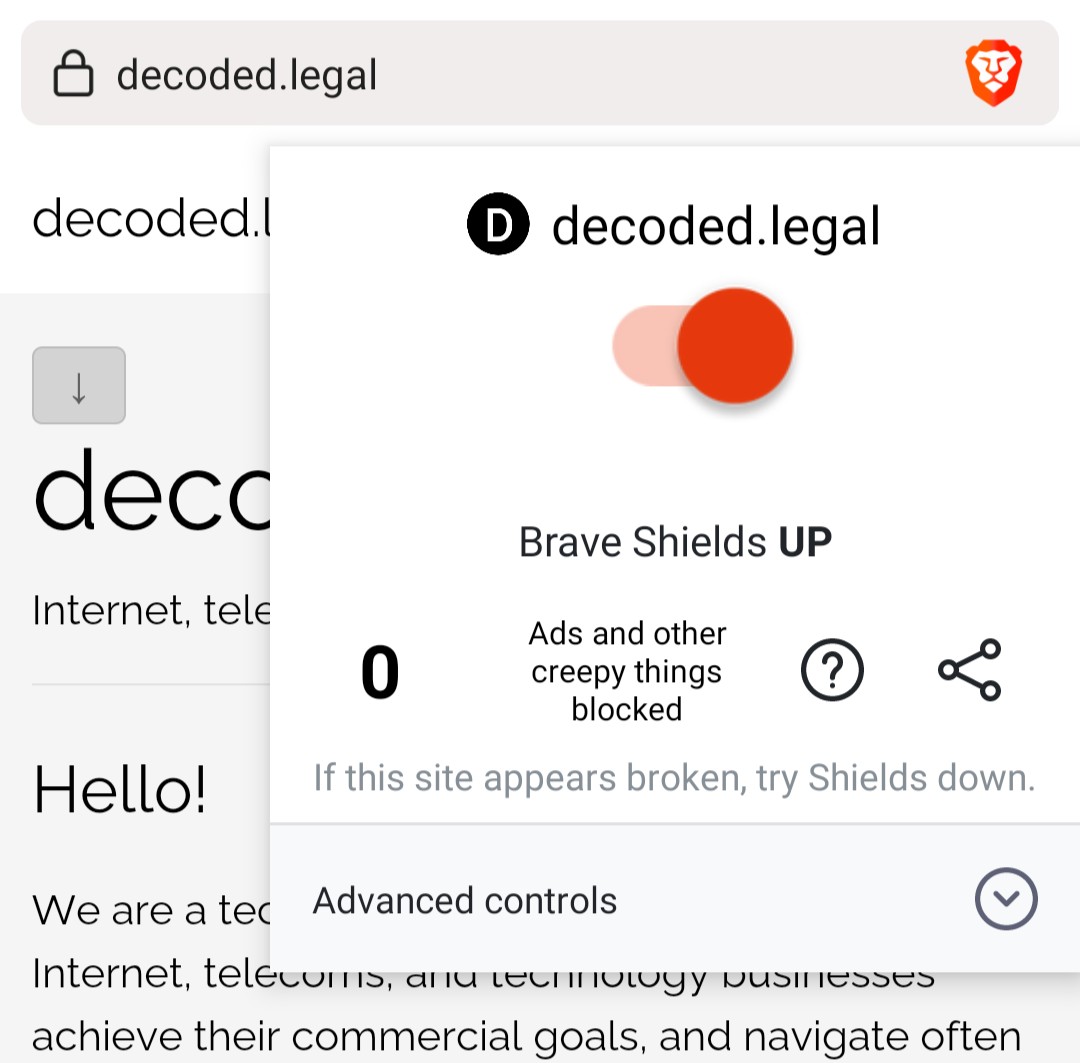 Screenshot of Brave&rsquo;s UX, showing domain decoded.legal, and saying no &ldquo;ads and other creepy things blocked&rdquo;