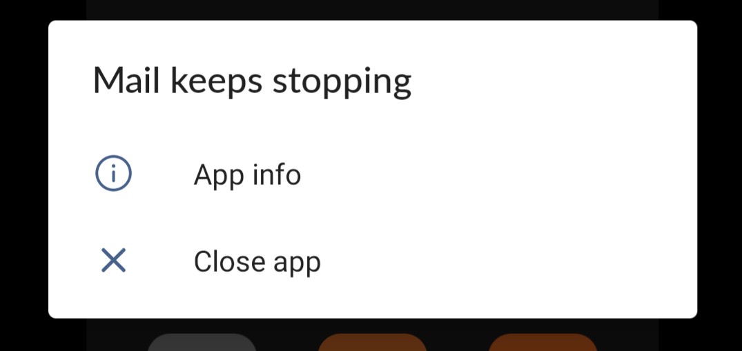 Screenshot of error message saying "Mail keeps stopping"