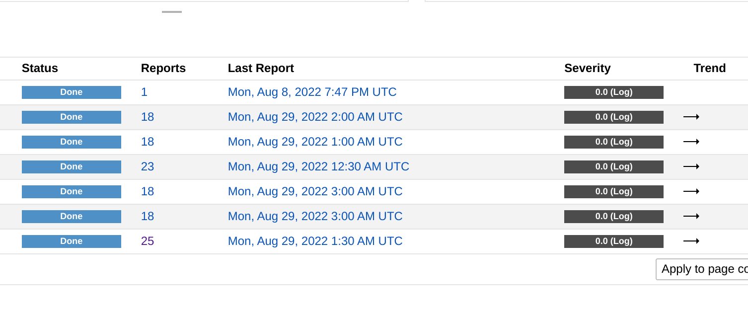 Screenshot of the greenbone tasks interface, showing reports for seven machines, with up to 25 reports for one of the machines, down to 1 report for one of the others. All Severity Log information is showing as 0.0