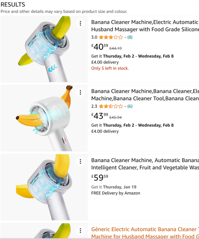 Screenshot of a selection of products on Amazon, described as banana cleaners. The photos of the products depict a banana in a machine which is wrapped around the banana, with indications of an up/down movement.